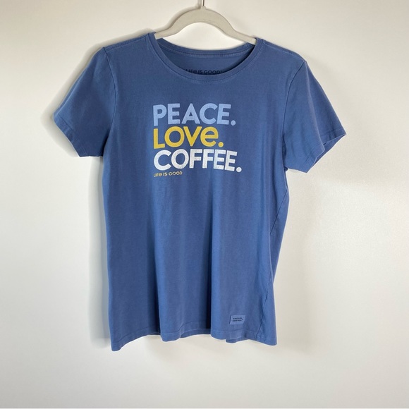 Life is Good Womens Crusher Tee Sz S Blue PEACE LOVE COFFEE Graphic Short Sleeve - Picture 10 of 10